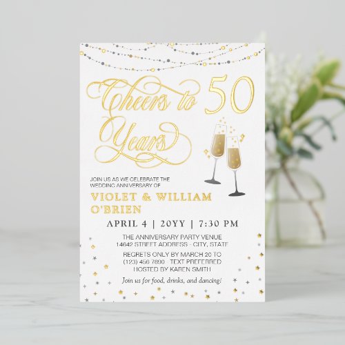 Cheers to 50 Years Elegant Wedding Anniversary Foil Invitation