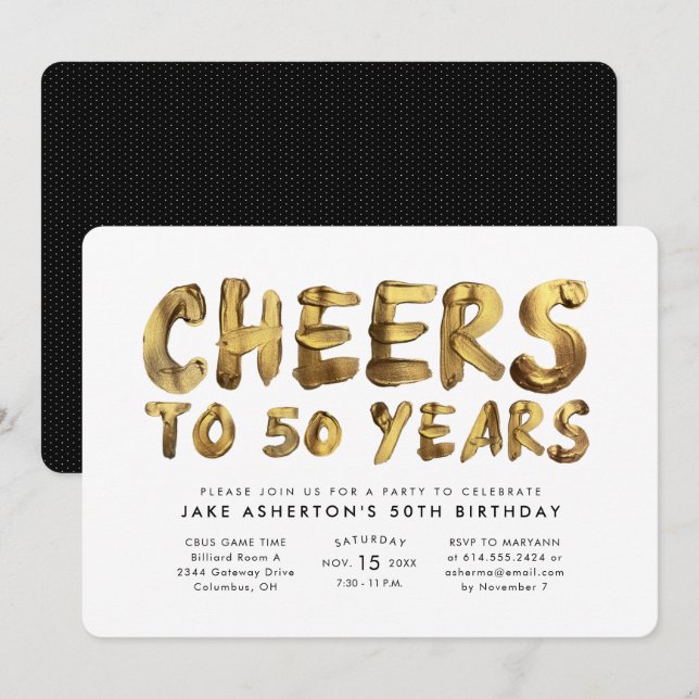 Cheers to 50 years fiftieth birthday gold invitation (Front/Back)