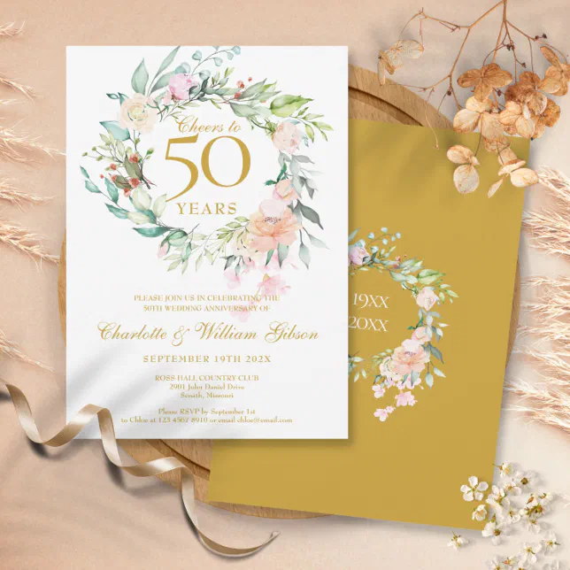 Cheers to 50 Years Floral Anniversary Invitation | Zazzle