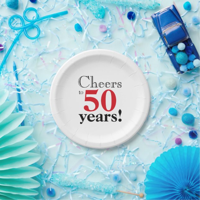 Cheers to 50 years fun retro cherry red black font paper plates (Party)