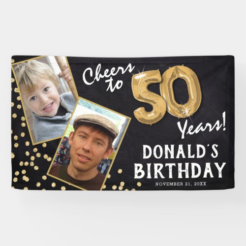 Cheers to 50 Years Gold Balloon 2 Photo Birthday Banner