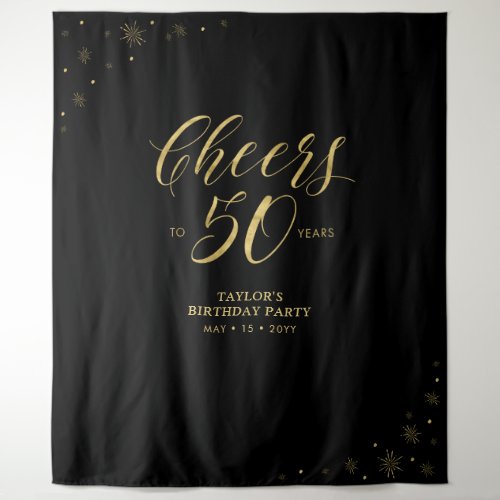Cheers to 50 years  Gold  Black Birthday Party Tapestry