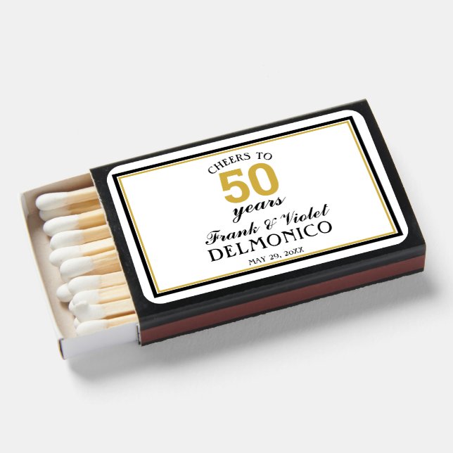 Cheers to 50 Years Gold Black Elegant Matchboxes (Front Open)