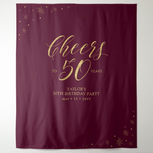 Cheers to 50 years Gold  Burgundy Birthday Party Tapestry