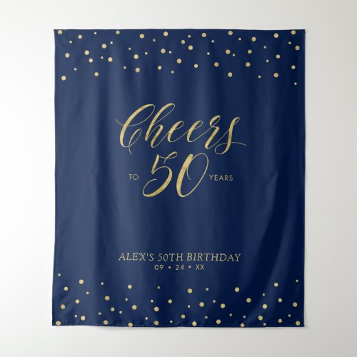 Cheers to 50 years  Gold  Navy 50th Birthday Tapestry