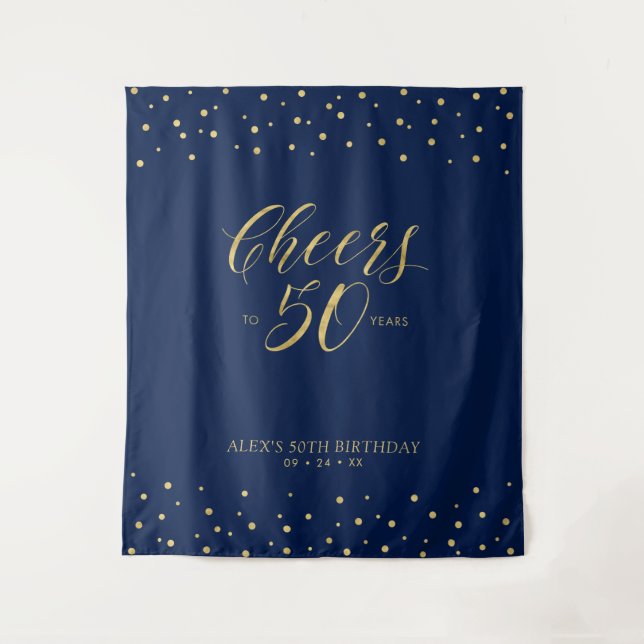 Cheers to 50 years | Gold & Navy 50th Birthday Tapestry (Front)