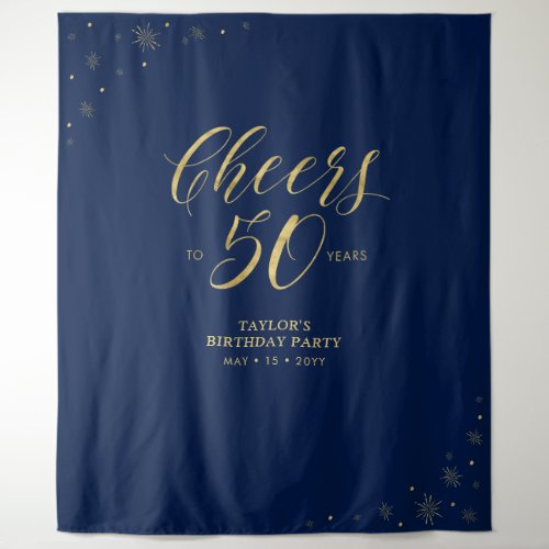 Cheers to 50 years  Gold  Navy Birthday Party Tapestry