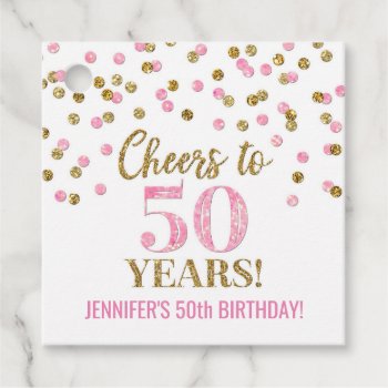 Cheers To 50 Years Gold Pink Confetti Favor Tags by DreamingMindCards at Zazzle