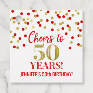 Cheers to 50 Years Gold Red Confetti Favor Tags