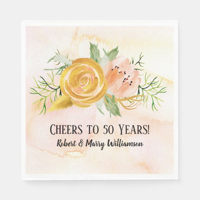 Cheers to 50 Years Golden Anniversary Floral Napkins (Front)