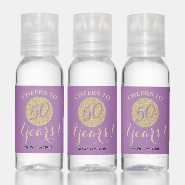 Cheers to 50 Years Lavender Purple Gold Glitter Hand Sanitizer (Set)