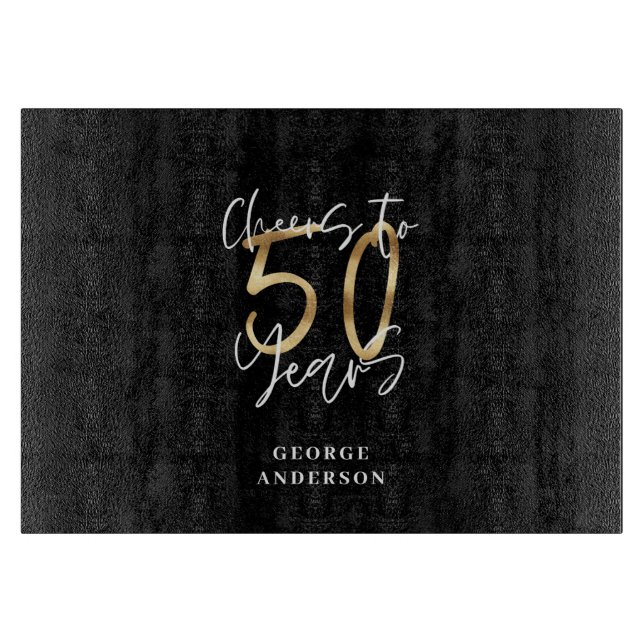 cheers to 50 years modern black and gold cutting board (Front)
