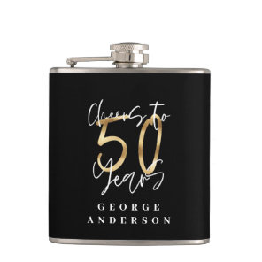 cheers to 50 years modern black and gold flask