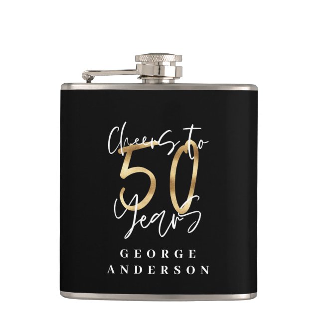 cheers to 50 years modern black and gold flask (Front)