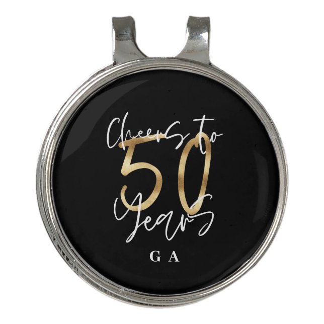 cheers to 50 years modern black and gold golf hat clip (Front)