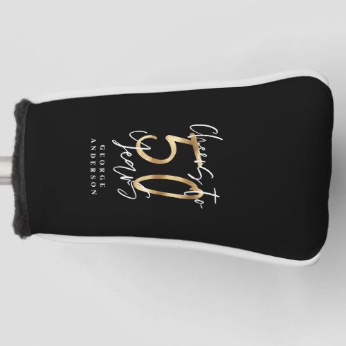 cheers to 50 years modern black and gold golf head cover