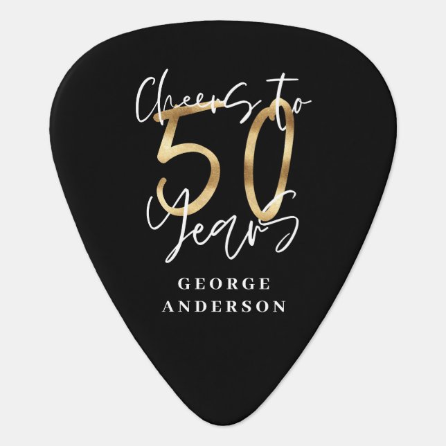 cheers to 50 years modern black and gold guitar pick (Front)