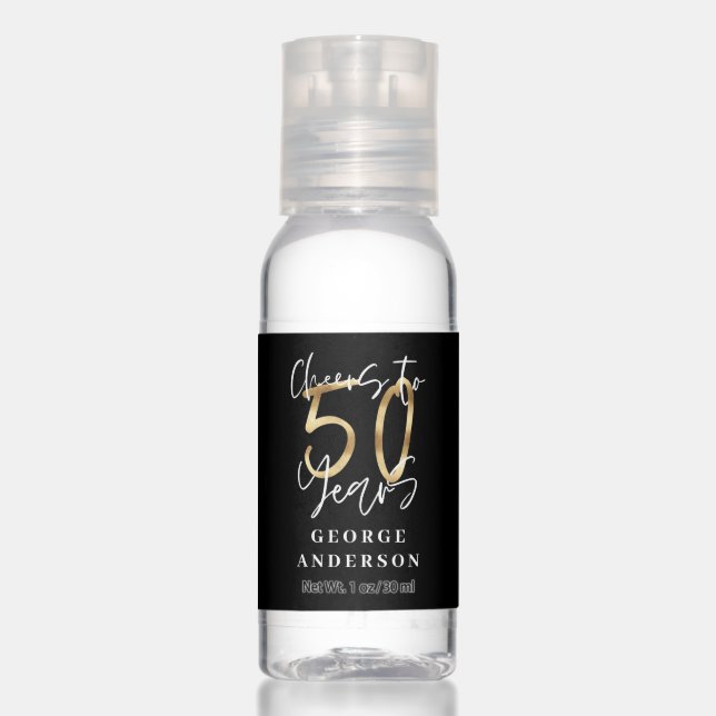 cheers to 50 years modern black and gold hand sanitizer (Front)