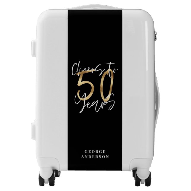 cheers to 50 years modern black and gold luggage (Front)