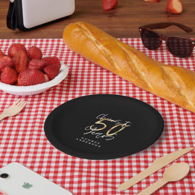 cheers to 50 years modern black and gold paper plates (Picnic)
