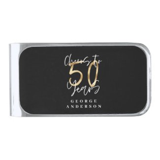 cheers to 50 years modern black and gold silver finish money clip