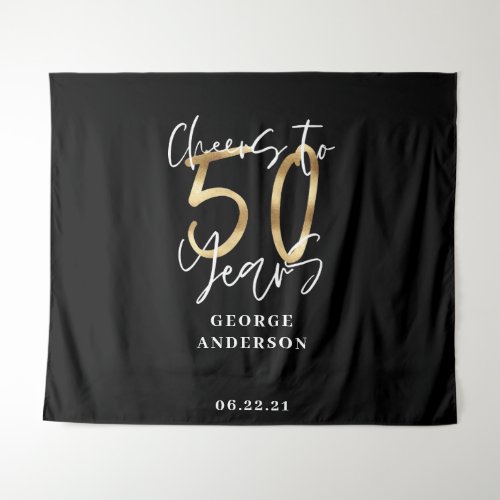 cheers to 50 years modern black and gold tapestry