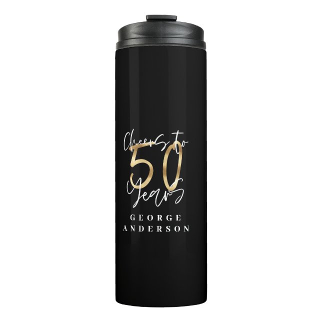 cheers to 50 years modern black and gold thermal tumbler (Front)