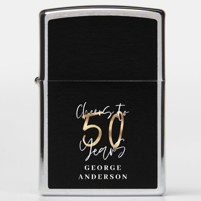 cheers to 50 years modern black and gold zippo lighter (Front)