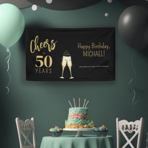 Cheers to 50 years modern gold black 50th birthday banner