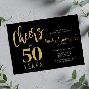 Cheers to 50 years modern gold black 50th birthday invitation