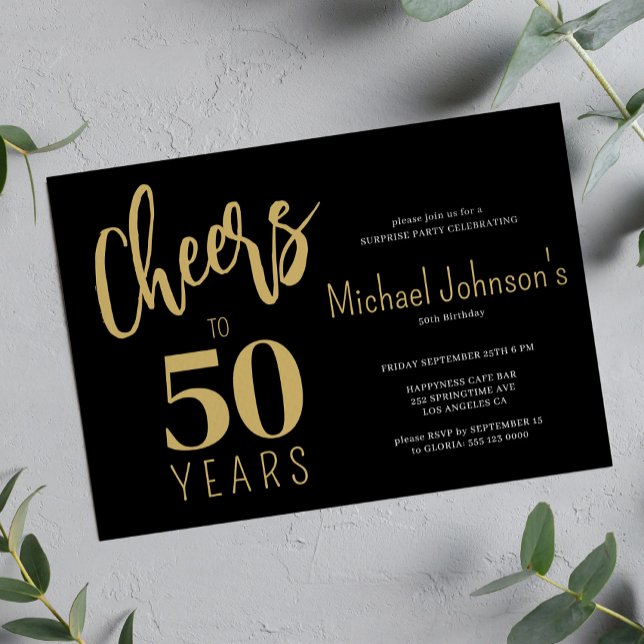 Cheers to 50 years modern gold black 50th birthday invitation (Creator Uploaded)