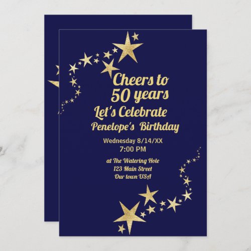 Cheers to 50 Years Navy and Gold Stars Birthday  Invitation