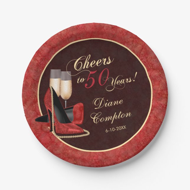 Cheers to 50 Years Red Gold Black Birthday Paper Plates (Front)