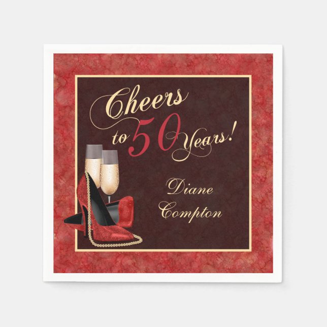 Cheers to 50 Years Red Gold Black Napkins (Front)
