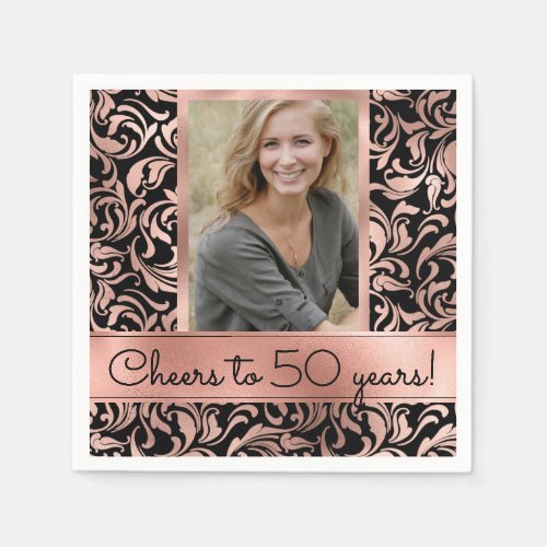 Cheers to 50 Years rose gold damask 50th Birthday Napkins