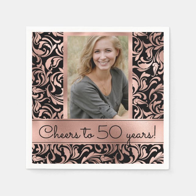 Cheers to 50 Years rose gold damask 50th Birthday Napkins (Front)