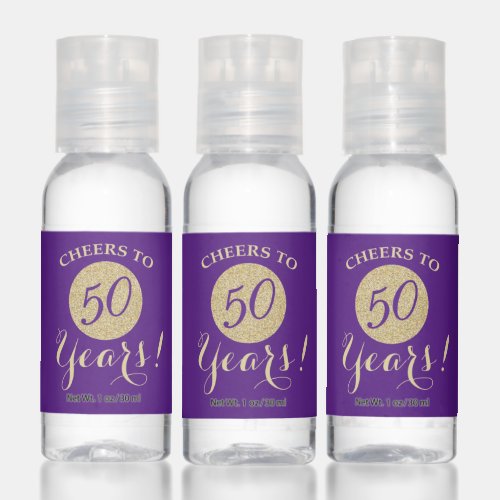 Cheers to 50 Years Royal Purple and Gold Glitter Hand Sanitizer