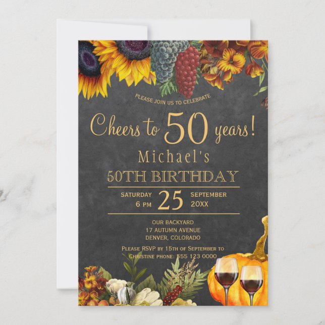 Cheers to 50 years rustic fall 50th birthday party invitation (Front)