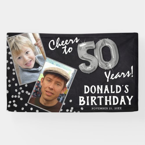 Cheers to 50 Years Silver Balloon 2 Photo Birthday Banner