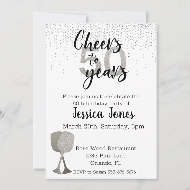 Cheers To 50 Years Silver Glitter Wine Invitation (Front)