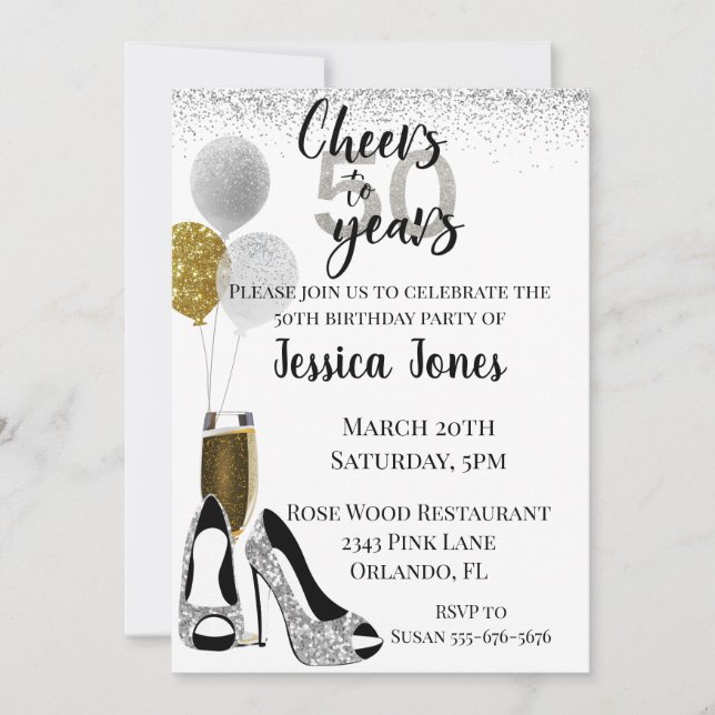 Cheers to 50 Years Silver Gold Glitter Champagne Invitation (Front)