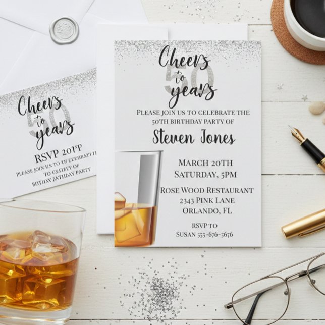 Cheers to 50 Years Silver Gold Glitter Whiskey Invitation (Creator Uploaded)