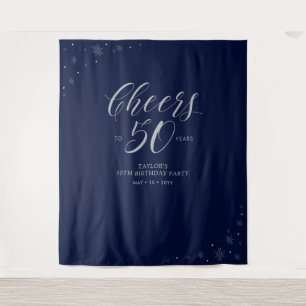 Cheers to 50 years Silver & Navy Birthday Party Tapestry