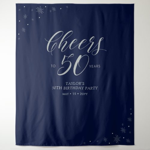 Cheers to 50 years  Silver  Navy Birthday Party Tapestry