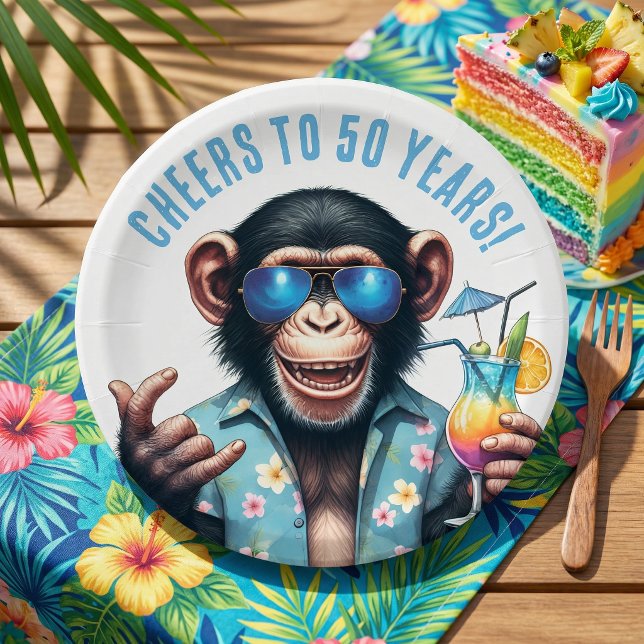 Cheers to 50 Years Summer Monkey 50th Birthday Paper Plates (Cheers to 50 Years Summer Monkey 50th Birthday Paper Plates)