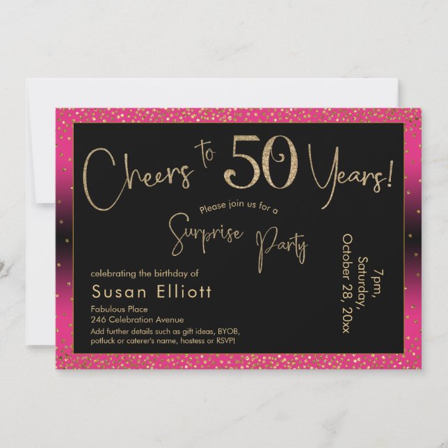 Cheers to 50 Years Surprise Birthday, Deep Pink Invitation (Front)