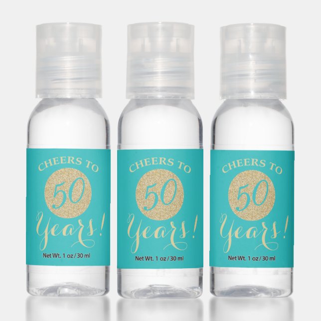 Cheers to 50 Years Teal Turquoise and Gold Glitter Hand Sanitizer (Set)