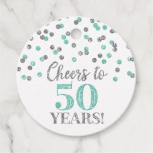 Cheers to 50 Years Turquoise Silver Confetti Favor Tags