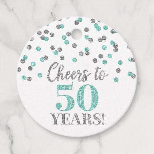 Cheers to 50 Years Turquoise Silver Confetti Favor Tags