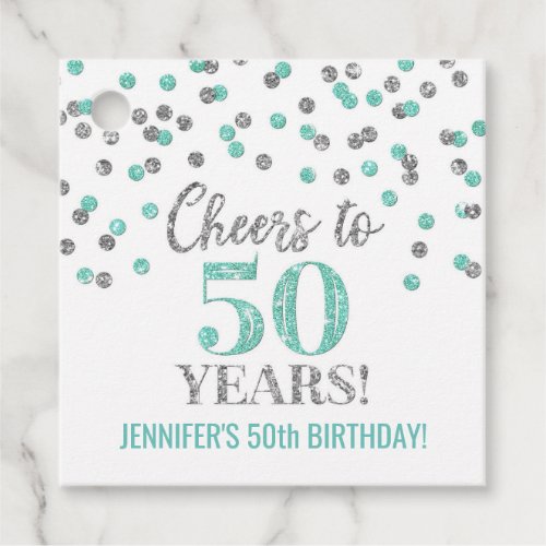 Cheers to 50 Years Turquoise Silver Confetti Favor Tags